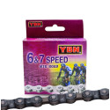 kerékpár lánc 1/2 x 3/32 S50 6-7 seb. Csap hossz: 7,8 mm. Kompatibilitás: Shimano, Campagnolo és SRAM. Szín: sötétkék-barna. YBN