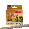 kerékpár lánc 1/2 x 3/32 S52 7-8 seb. 116 tagú. Csap hossz: 7,8 mm. Kompatibilitás: Shimano és SRAM. Szín: Barna. YBN