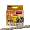 kerékpár lánc 1/2 x 3/32 S52 7-8 seb. 116 tagú. Csap hossz: 7,8 mm. Kompatibilitás: Shimano és SRAM. Szín: Barna. YBN