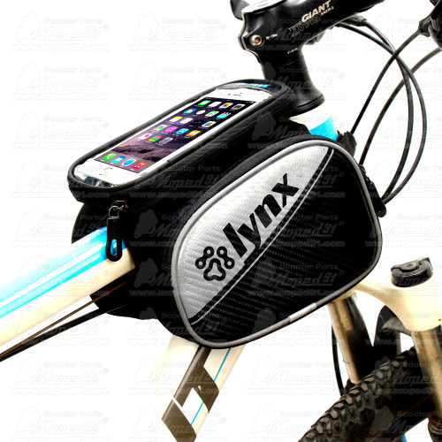 kerékpár táska mobiltelefon tartóval 180x190x125mm, felső csőre mobiltelefon tároló és táska, anyaga: poliészter, PVC, műbőr Mob