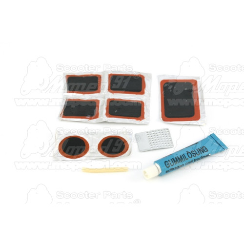 kerékpár folt javító készlet. Tartalmazza: 1 db 34 mm x 51 mm folt, 2 db 26 mm kerek folt, 4 db 25 mm x 34 mm folt, 1 db (10 ml/