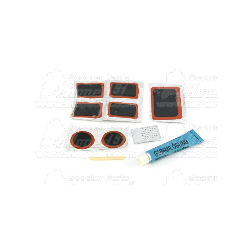 kerékpár folt javító készlet. Tartalmazza: 1 db 34 mm x 51 mm folt, 2 db 26 mm kerek folt, 4 db 25 mm x 34 mm folt, 1 db (10 ml/